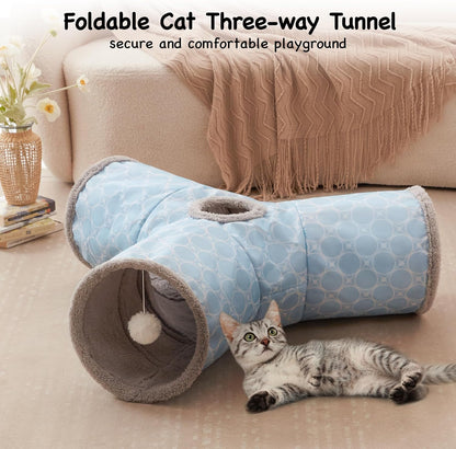 Cat Tunnel, 3-Way Collapsible Toy for Indoor Cats, Geometry Blue