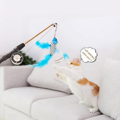 Cat Fishing Pole Toy, Retractable Wand Cat Toy with Reel, Cat Fishing Rod & Feather Toy, Interactive Cat Teaser Wand Toy for Indoor Cats Random Color 1PC