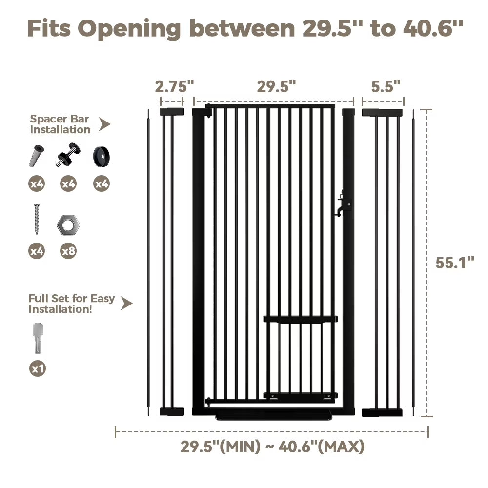 Pet Gate, 55.1 Inch Extra Tall Dog Gate,29.5''-40.6''Wide with Cat Door,Pet Gate for Doorway Stairs,Black