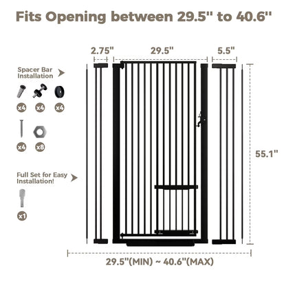 Pet Gate, 55.1 Inch Extra Tall Dog Gate,29.5''-40.6''Wide with Cat Door,Pet Gate for Doorway Stairs,Black