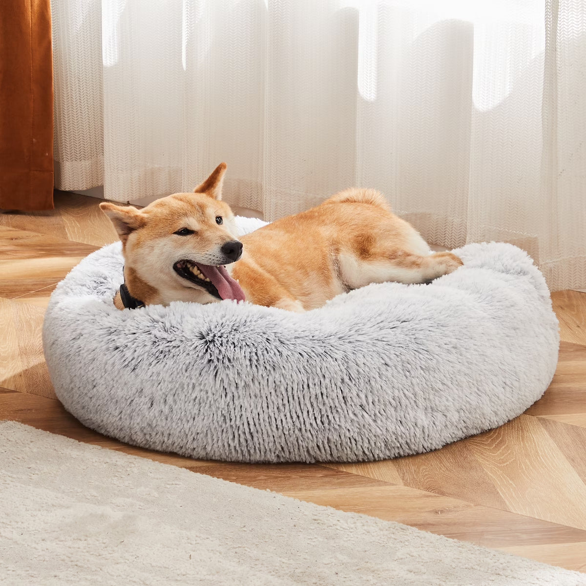 Calming Donut Dog & Cat Bed, 20 Inches round Fluffy Dog Beds for Medium Dogs, Anti-Anxiety Plush Dog Bed, Machine Washable Pet Bed, Gray