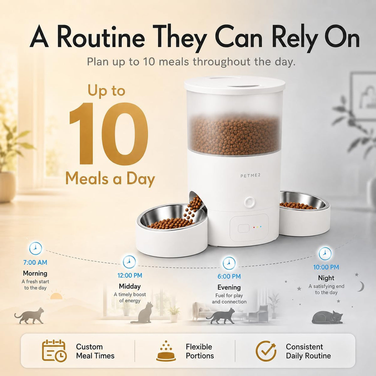3L Dual Automatic Pet Feeder - Smart & Quiet Cat Automatic Feeders for 2 Cats with App Control, 2 Way Audio, Dual Power Options, Portion Control, Self-Feeding Cat Food Dispenser - White