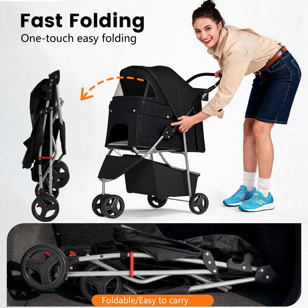 | 3-Wheel Pet Stroller | Dog and Cat Stroller | Breathable Mesh | Lightweight Travel Carrier | Waterproof & Foldable Design | Storage Basket | Black | for Daily Walks & Outdoor Use