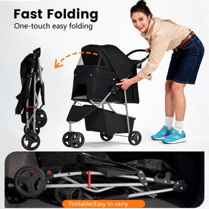 | 3-Wheel Pet Stroller | Dog and Cat Stroller | Breathable Mesh | Lightweight Travel Carrier | Waterproof & Foldable Design | Storage Basket | Black | for Daily Walks & Outdoor Use