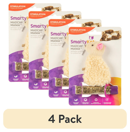 (4 Pack)  Madcap Mania Mouse, Soft Plush Catnip Cat Toy with String Tail, with Pure & Potent Catnip, Refillable & Durable