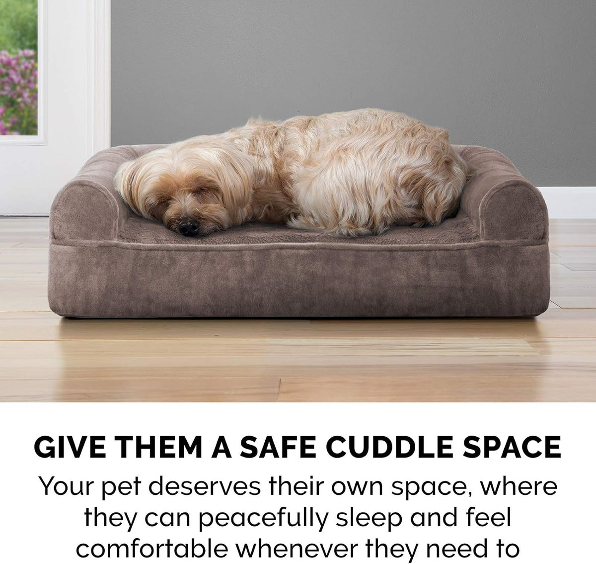 Memory Foam Dog Bed for Medium/Small Dogs W/ Removable Bolsters & Washable Cover, for Dogs up to 35 Lbs - Faux Fur & Velvet Sofa - Driftwood Brown, Medium