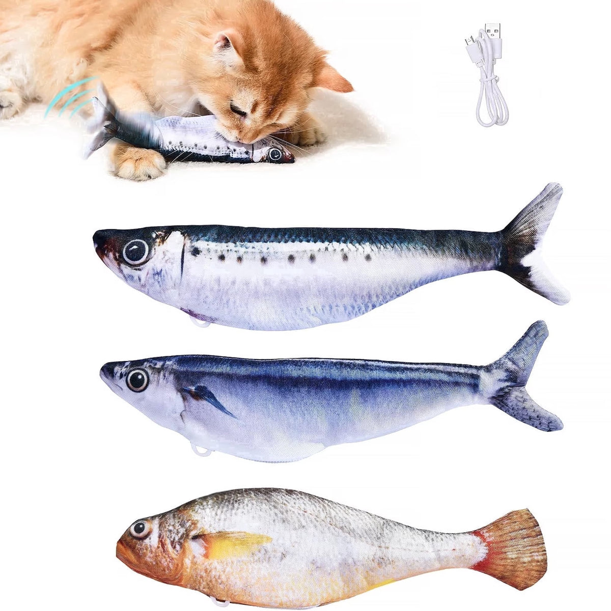 Risehigh Interactive Cat Toys for Indoor 3 Pcs Kitten Toys Bite-Sized Realistic Flopping Fish with Tap-Activated 3 Flapping Modes 7.1 Inch Rechargeable