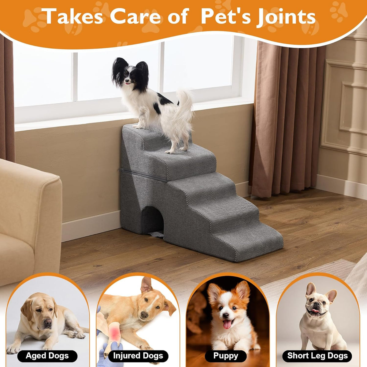 Dog Stairs for Bed 23'' H, 5-Step Dog Steps for High Bed, Grey