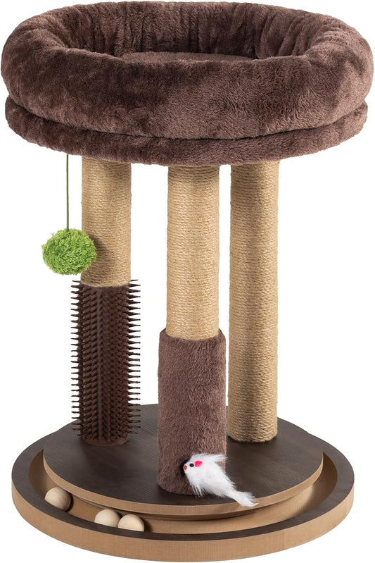 22" Cat Scratching Post with Tower Soft Bed, Heavy-Duty Wood Base