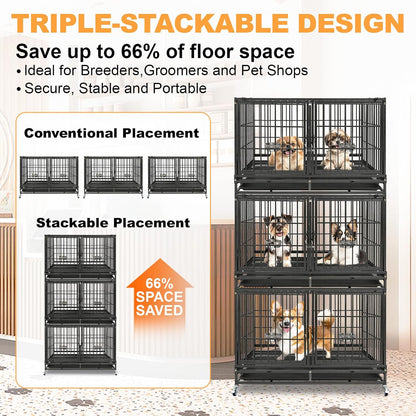 43" Double Dog Crate, Heavy Duty Stackable Kennel with Divider