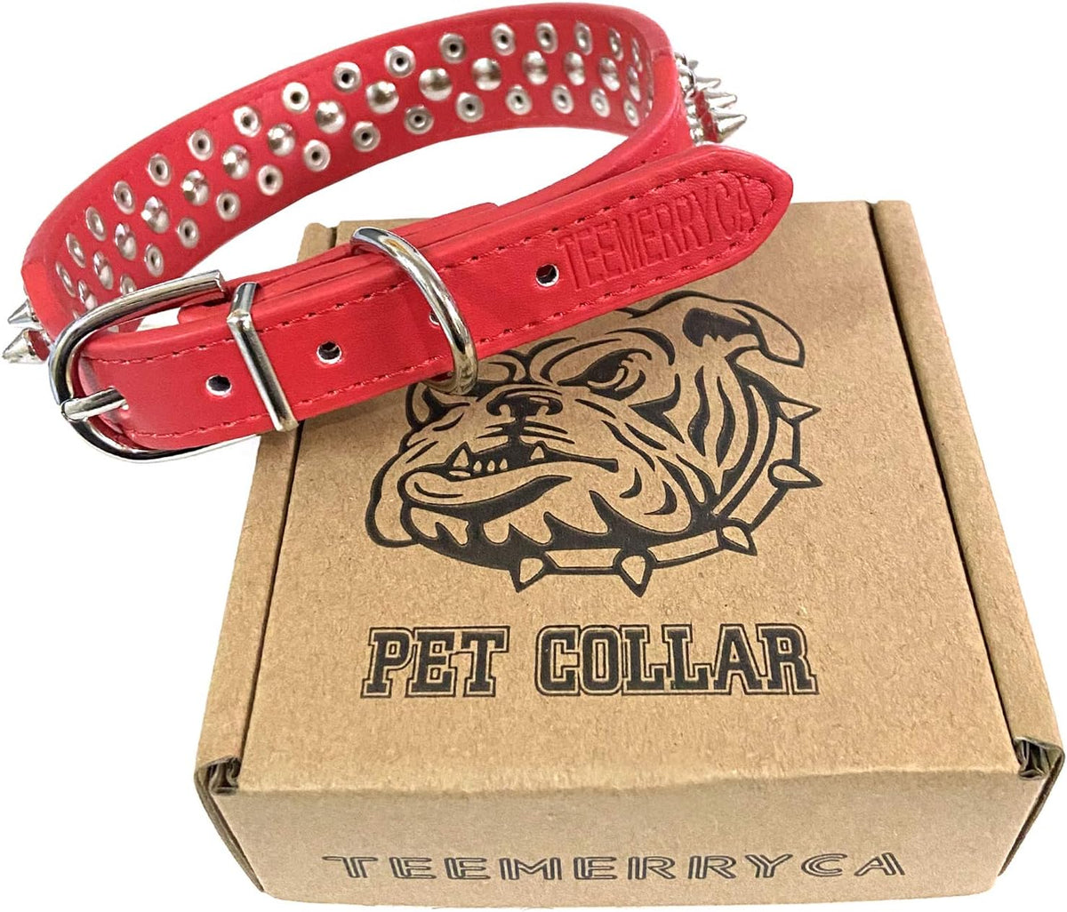 Adjustable Microfiber Leather Spiked Studded Dog Collars with a Squeak Ball Gift for Small Medium Large Pets like Cats/Pit Bull/Bulldog/Pugs/Husky, Red, L(15"-18.5")