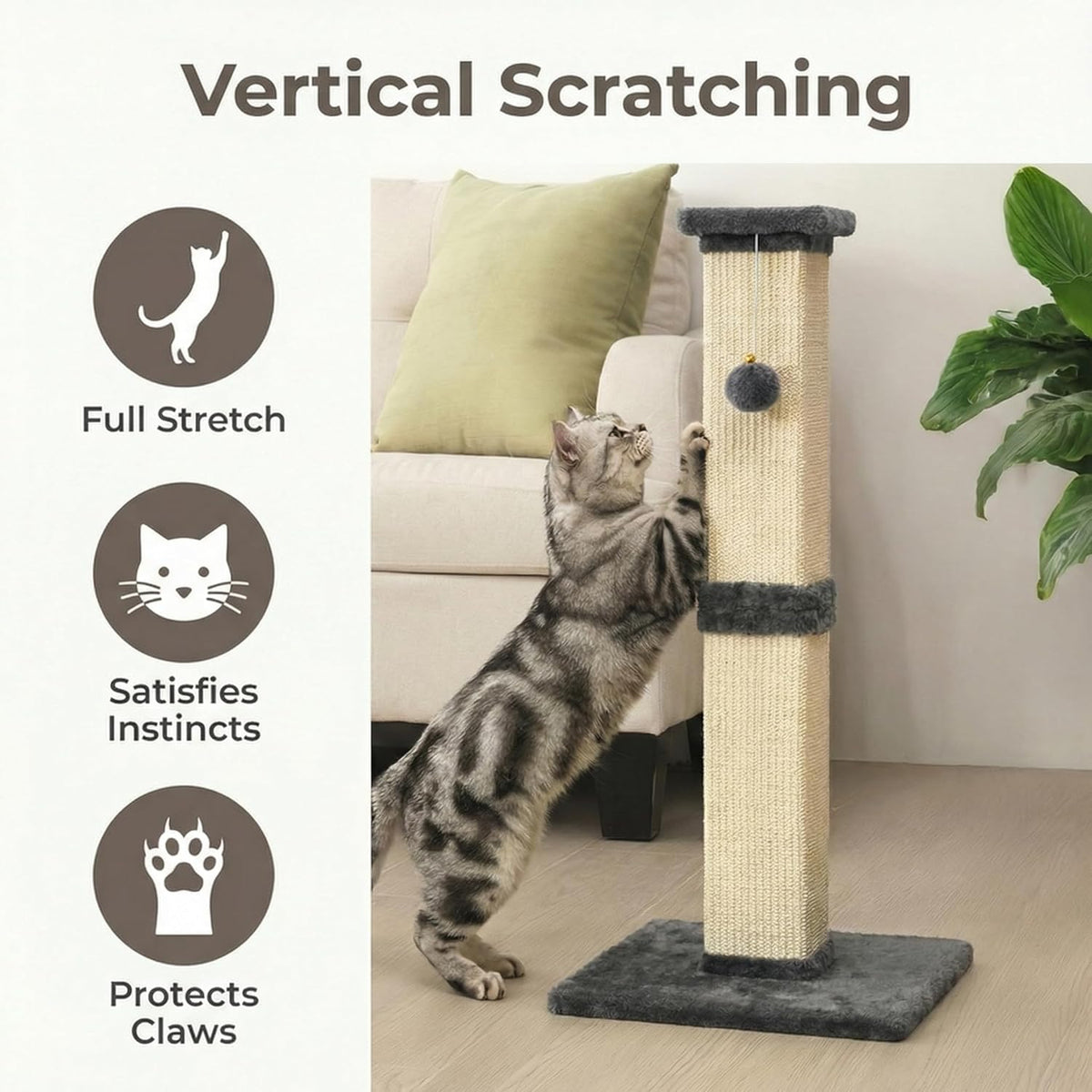 Tall Cat Scratching Post, 32'' Heavy Duty and Thick Scratching Post, Scratching Post for Adult Cats, Thick Sisal Rope with Hanging Ball, Grey
