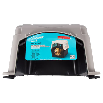 Large Plastic Hard-Sided Pet Carrier, Black and Gray, 90 Lb Limit
