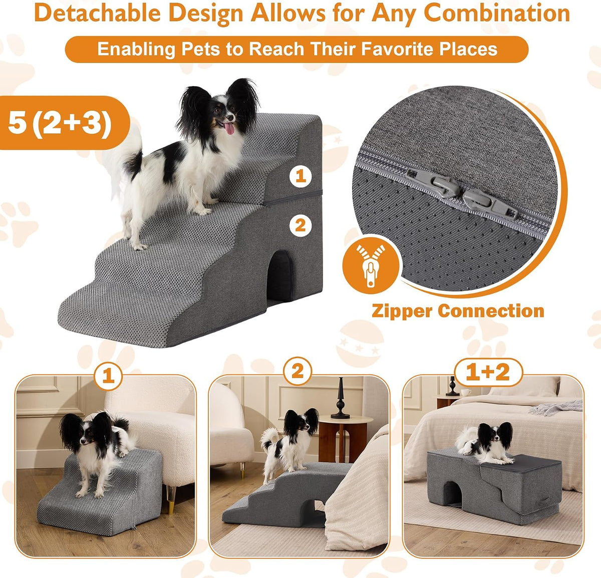 Dog Stairs for Bed 23'' H, 5-Step Dog Steps for High Bed, Grey