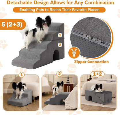 Dog Stairs for Bed 23'' H, 5-Step Dog Steps for High Bed, Grey