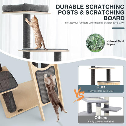 69-Inch Tall Wooden Cat Tree Tower, Modern Cat Activity Center Tree with Sisal Scratching Posts & Board, Condo & Top Perch for Indoor Cats, Grey