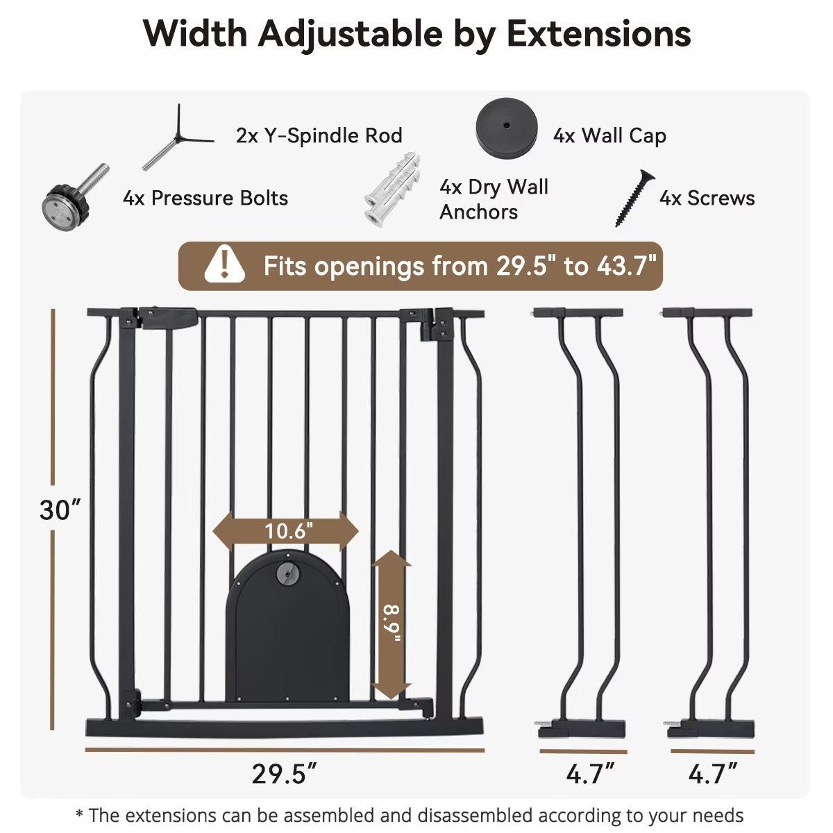 Pet Gate with Cat Door, 29.5"-43.7" Wide Dog Gate for Stairs & Doorways, Pressure Mounted, Black