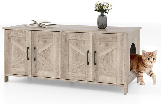 Double Cat Litter Box Enclosure, Modern Litter Box TV Stand with Double Rooms, Wooden Litter Box Enclosure for 2 Litter Boxes, Dual Hidden Litter Box Furniture, 48 X 20 X 20 Inches (Oak)