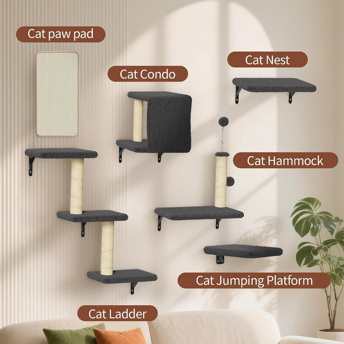 Cat Wall Shelves for Large Cats, Stable & Safe Kitty Walls Furniture Set for 40LBS Cats with Wooden Cat Climber,House, Bridge, Tree, Steps, and Scratcher for 16 Inch Drywall (Black, 6-In-1)