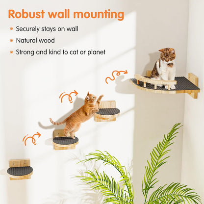 Cat Wall Shelves with 3 Steps, Wooden Cat Wall Furniture up to 15Lbs, Floating Stairs for Small/Medium Cats, Kitty Wide Climber Shelf with Cozy Perch for Indoor, Sleeping, Jumping, Playing