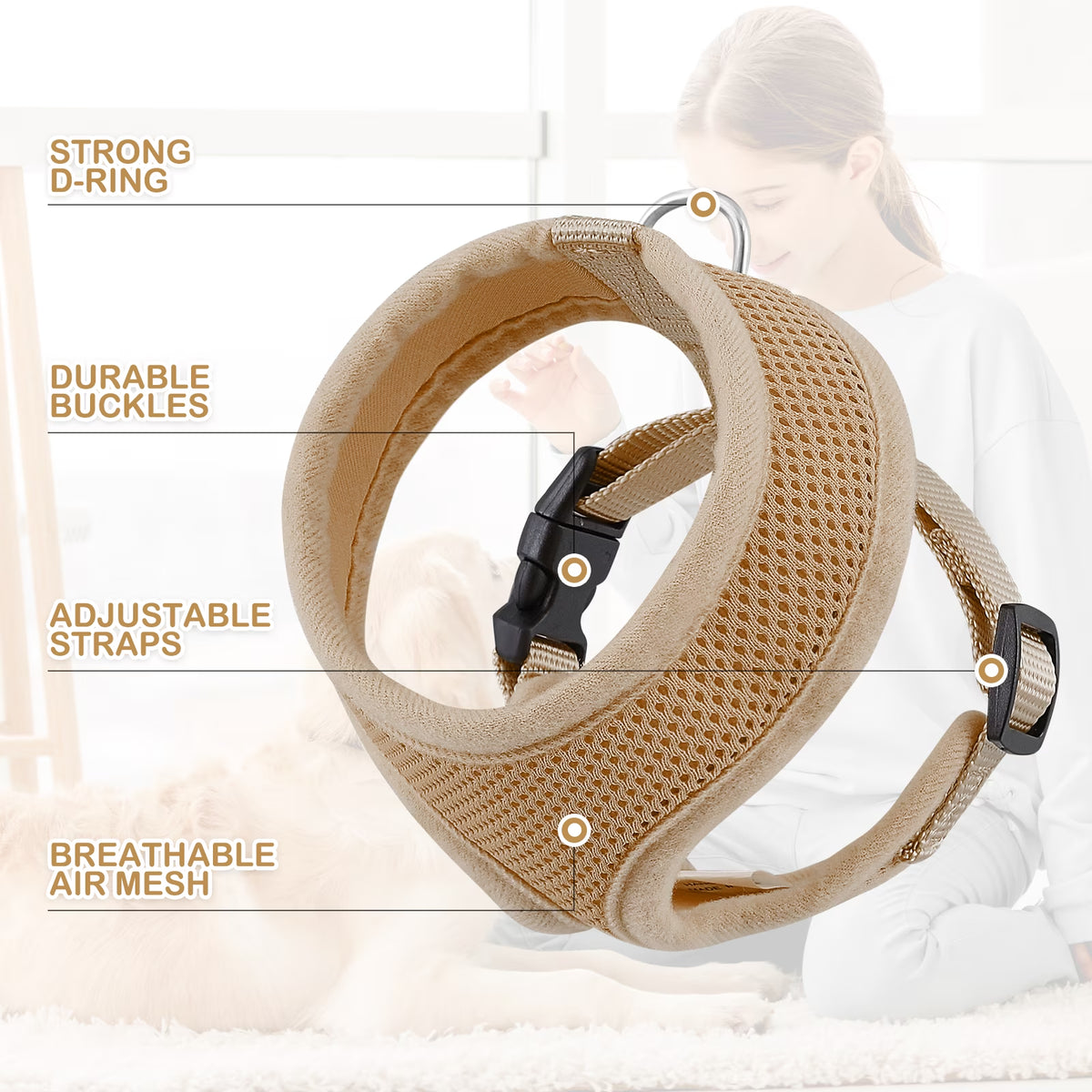 No Pull Dog Harness, Pet Vest Adjustable Mesh Breathable Harnesses for Dogs Walking, Light Brown XS