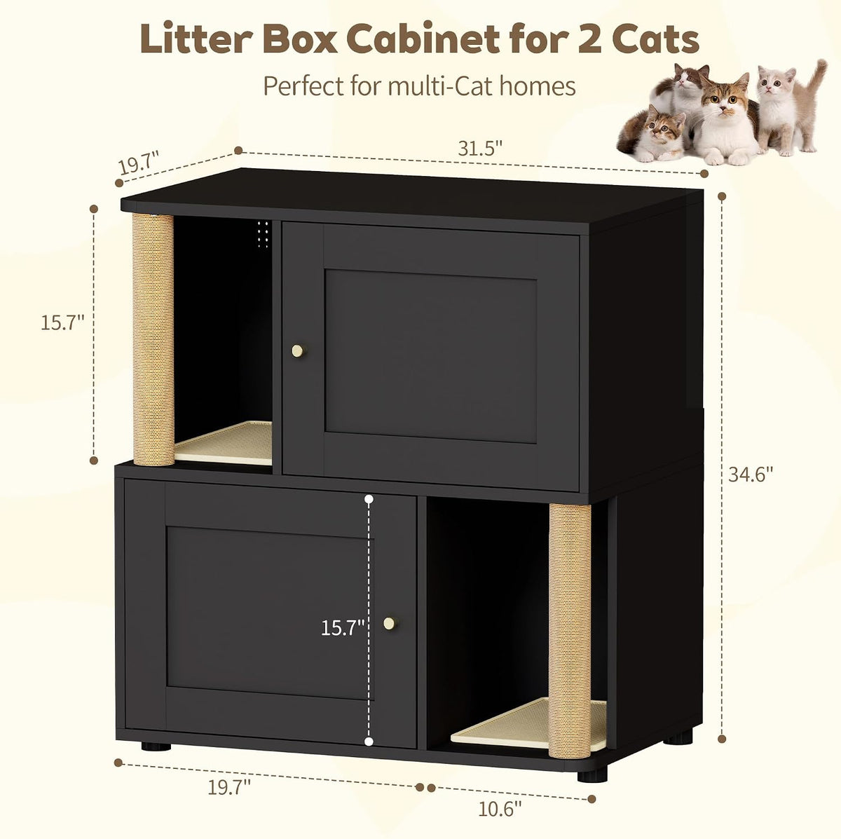 Double Cat Litter Box Enclosure, Litter Box Cabinet for 2 Cats, Hidden Cat Litter Box Furniture, Dog-Proof Litter Box Enclosure with Cats Scratching Post, Suitable for Most Litter Boxes