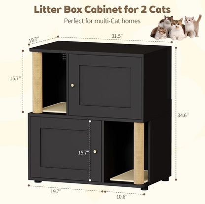Double Cat Litter Box Enclosure, Litter Box Cabinet for 2 Cats, Hidden Cat Litter Box Furniture, Dog-Proof Litter Box Enclosure with Cats Scratching Post, Suitable for Most Litter Boxes