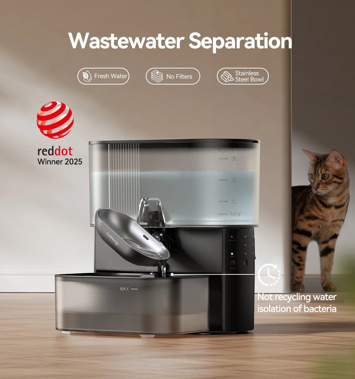 Smart Pet Water Fountain No Filter Needed, 3.5L/118Oz Wireless Cat Water Fountain with Stainless Steel Bowl,Rechargeable Automatic Water Dispenser for Cats and Kitten, Black