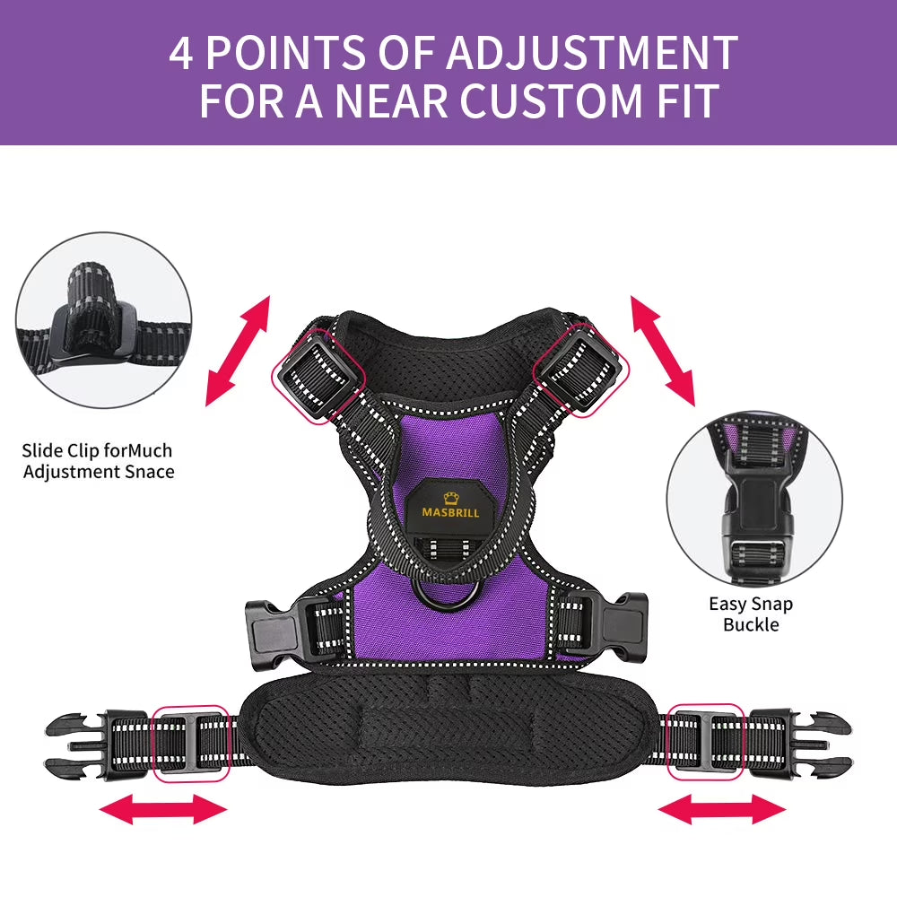 Reflective Dog Harness No Pull Dog Vest Harness with Handle, Breathable Padded Dog Chest Harness Adjustable for Large Dog-Purple XL