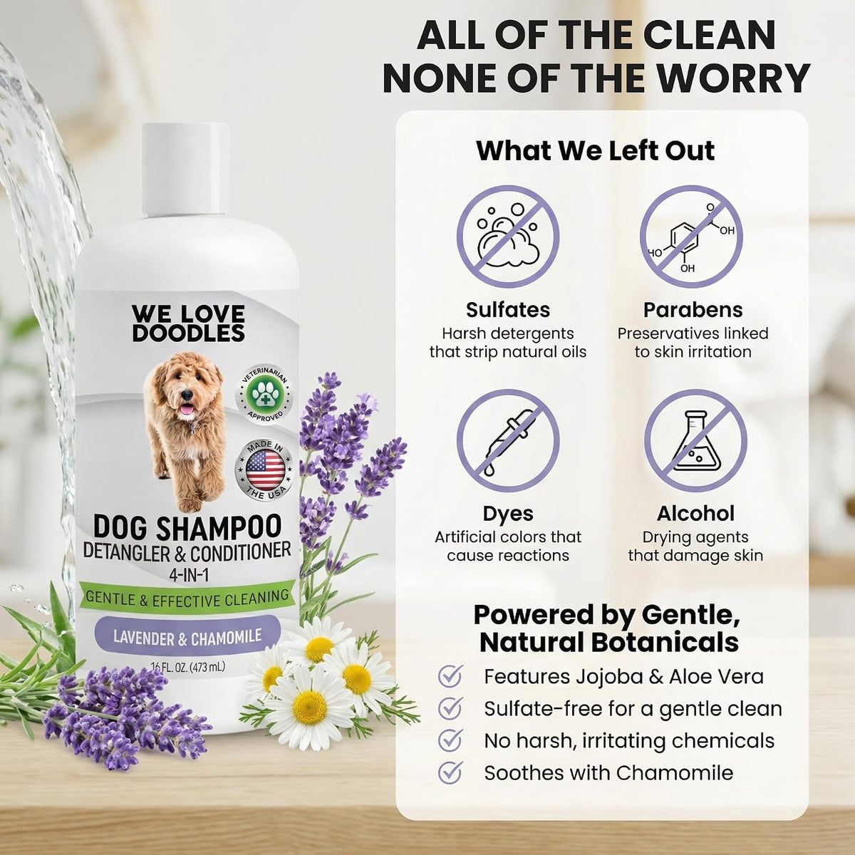 Dog Shampoo, Conditioner & Detangler, Hypoallergenic Tearless Lavender 16OZ