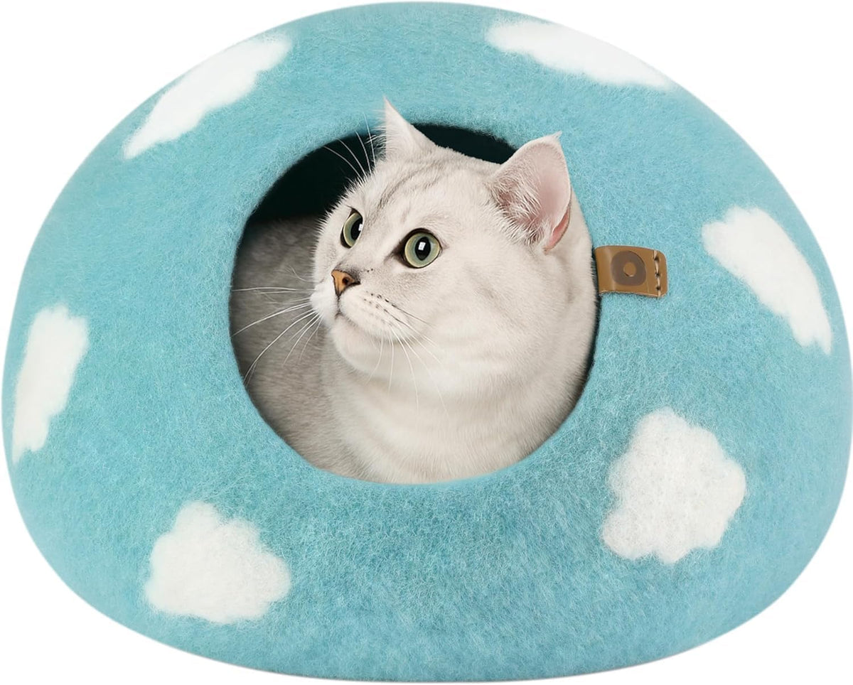 Cat Cave - Merino Wool Bed for Indoor Cats (Cloud Nap Blue, Medium)