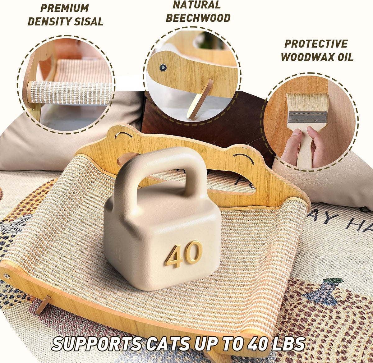 Sisal Cat Scratcher Bed with Hammock, Solid Wood Frame Cat Scratch Pad & Lounger for Indoor Cats, Durable Natural Sisal Cat Furniture Protector for Scratch, Rest and Sleep(Large)