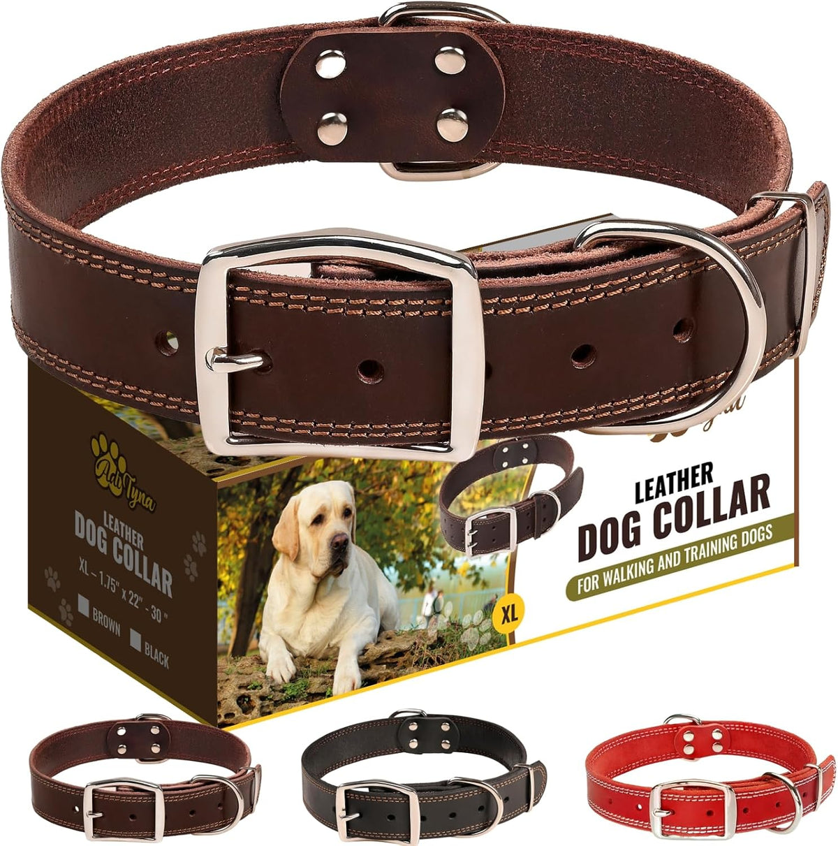 Heavy Duty Leather Dog Collar for Extra-Large Dogs, 22-30"