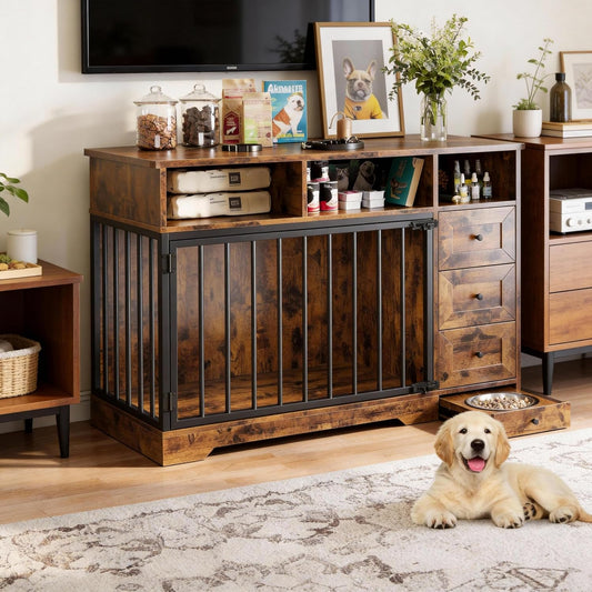 48 Inch Dog Crate Furniture with Pull-Out Feeding Bowl, Heavy Duty Dog Kennel with 3 Drawers & Storage Shelves, Large Dog Cage End Table, Wooden Pet Crate Indoor, Farmhouse Style
