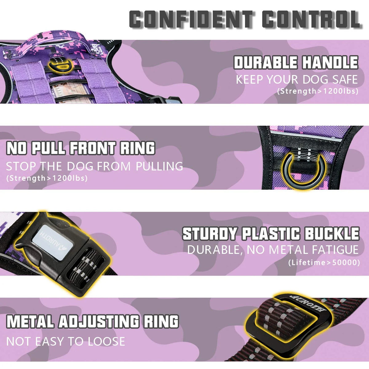 No Pull Dog Harness for Large Dogs, Service Vest Harness, Adjustable Easy on Harness with Handle, Reflective Soft Padded Dog Harness Vest, Outdoor Training Running Dog Harness, Purple Camo