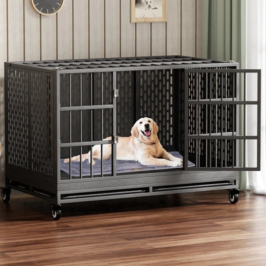48 Inch Heavy Duty Dog Crate with Wheels for Indoor and Outdoor, Extra Large，Removable Tray