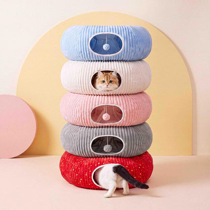 Cat Tunnel Bed for Indoor Cats, Peekaboo Cat Cave Bed, Grey