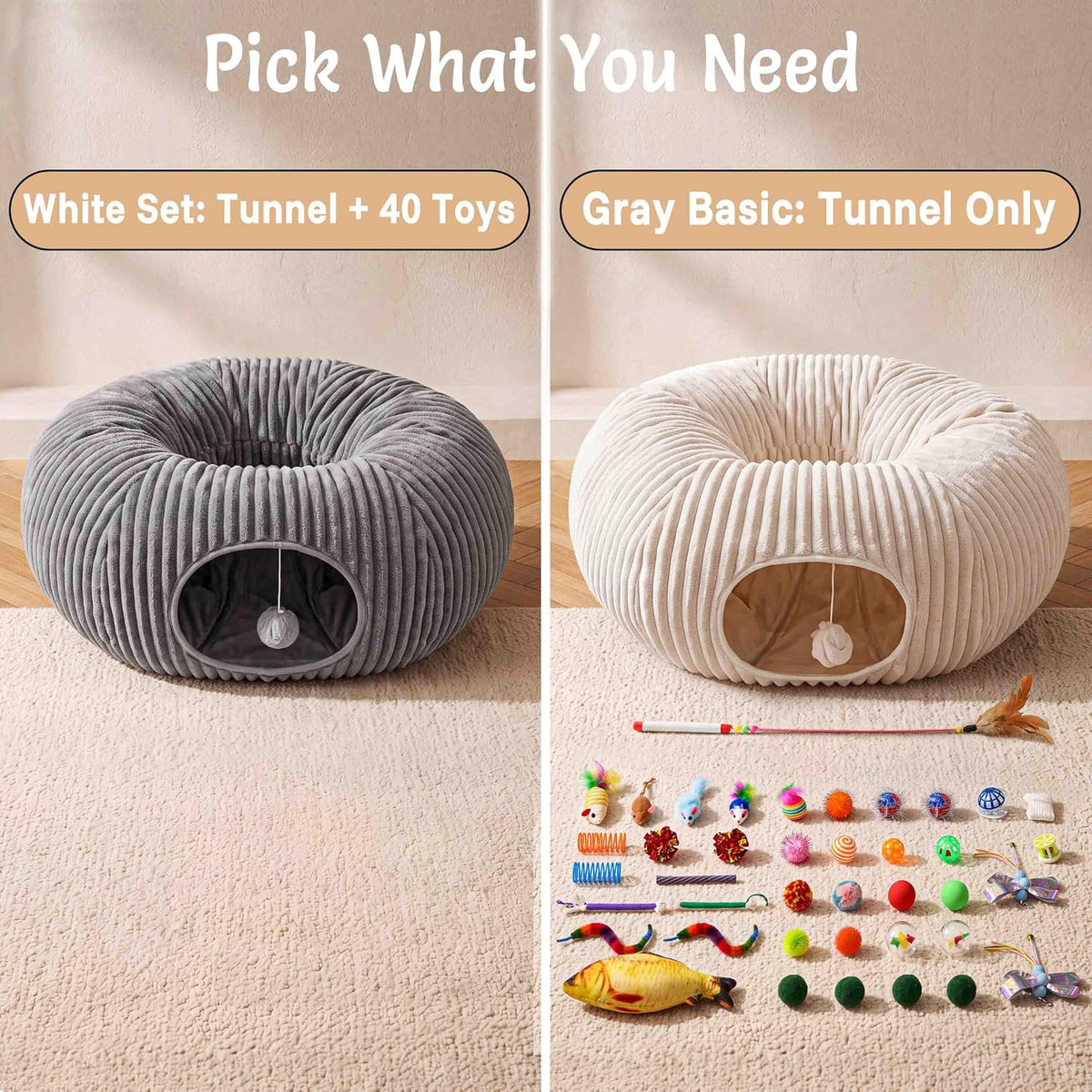 Cat Tunnel Bed for Indoor Cats, Peekaboo Cat Cave Bed, Grey