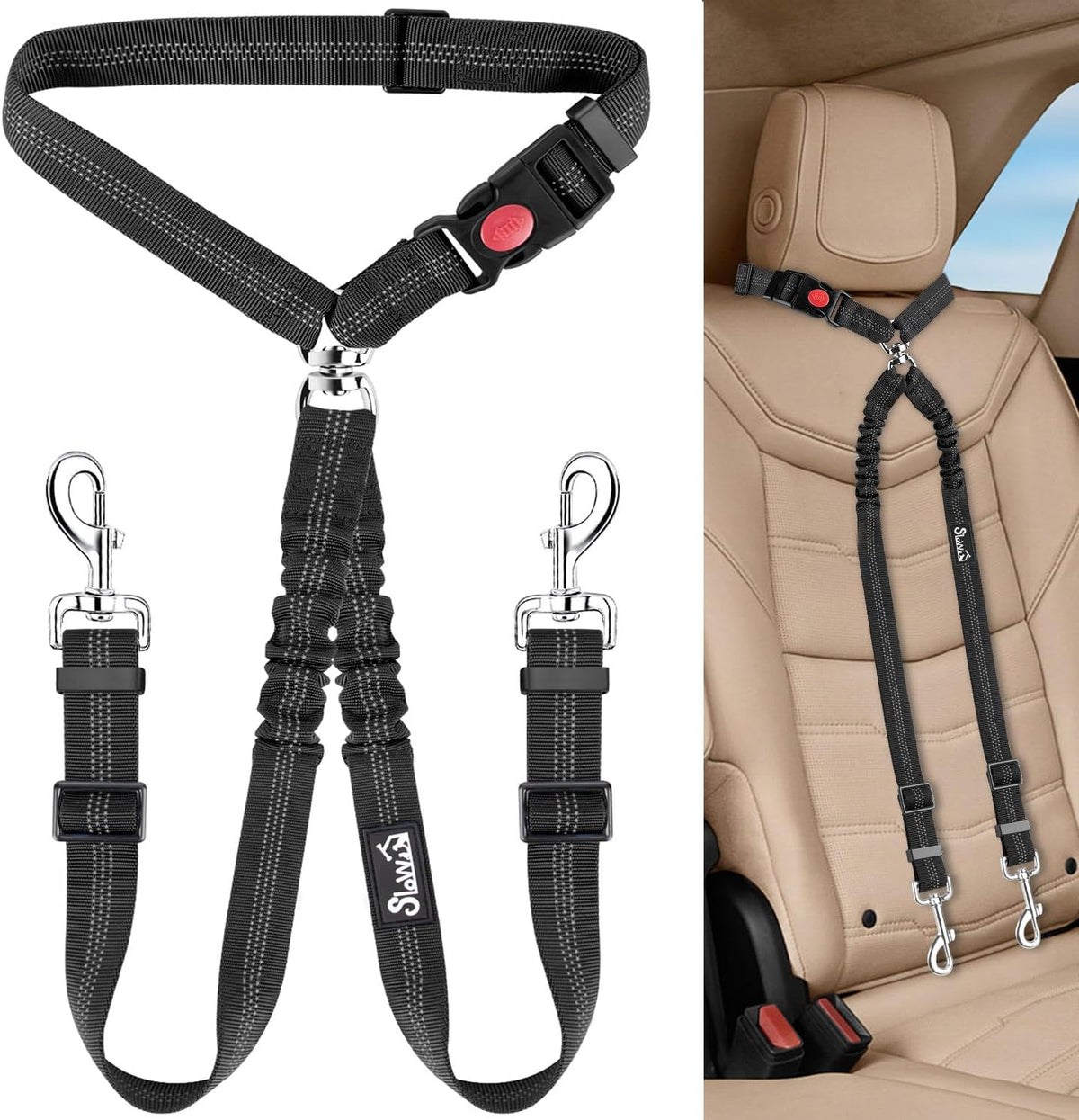 Double Dog Car Seat Belt, No Tangle Headrest Restraint