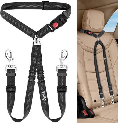 Double Dog Car Seat Belt, No Tangle Headrest Restraint