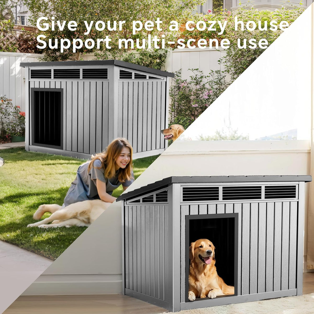 Dog House, Weatherproof Resin Outdoor Dog House for Large Dogs, Sloped Openable Roof, Air-Rod Support & Fixed Louvered Structure, Spacious Interior Easy Assembly Pet Shelter Indoor Outdoor（Grey）