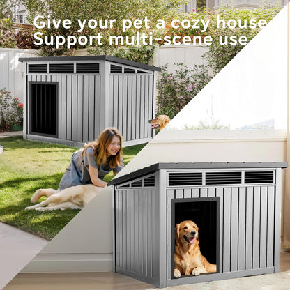 Dog House, Weatherproof Resin Outdoor Dog House for Large Dogs, Sloped Openable Roof, Air-Rod Support & Fixed Louvered Structure, Spacious Interior Easy Assembly Pet Shelter Indoor Outdoor（Grey）