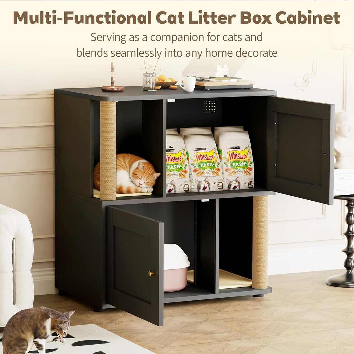 Double Cat Litter Box Enclosure, Litter Box Cabinet for 2 Cats, Hidden Cat Litter Box Furniture, Dog-Proof Litter Box Enclosure with Cats Scratching Post, Suitable for Most Litter Boxes