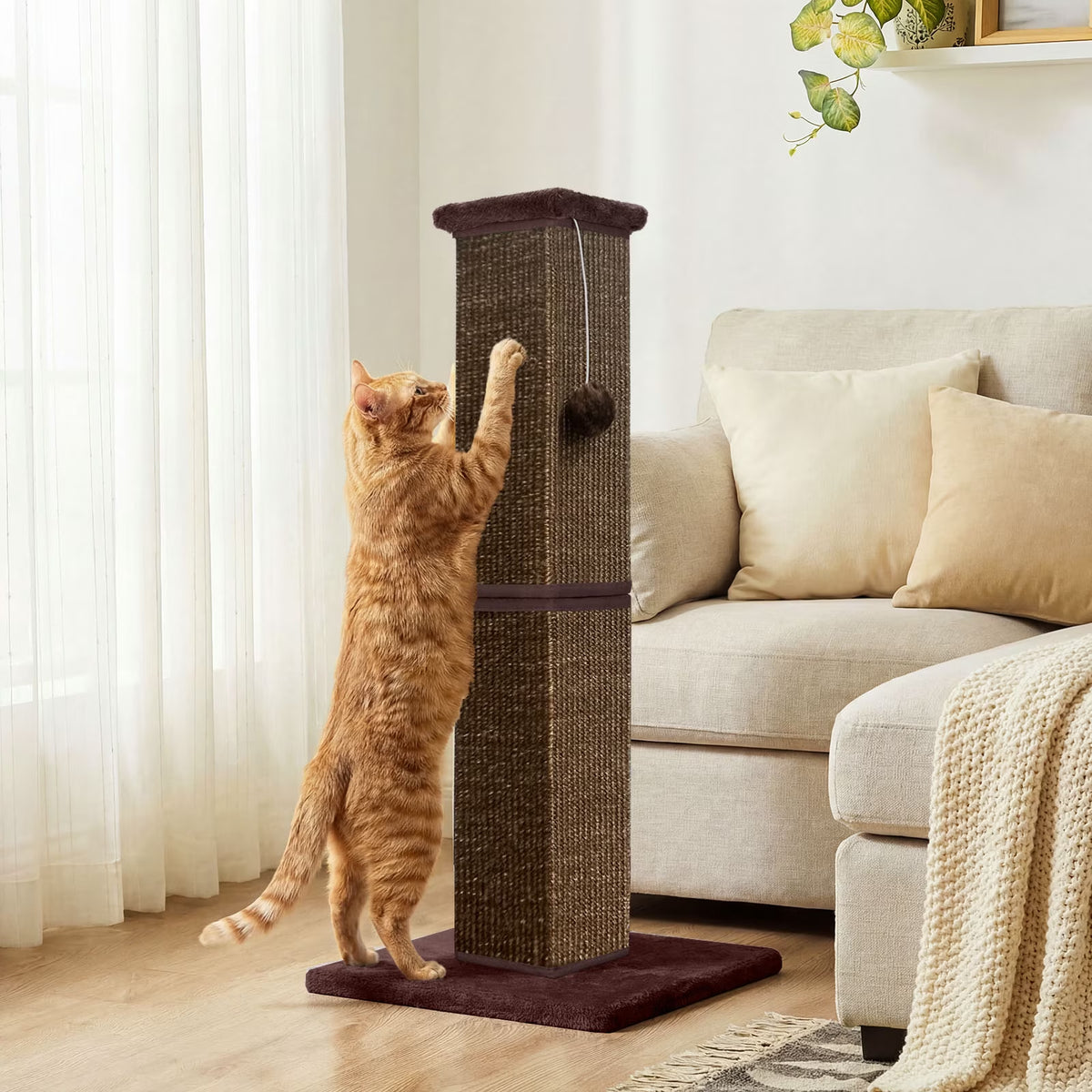 32" Tall Cat Scratching Post for Large Indoor Cats & Kittens, Cat Scratcher with Extra Large Stable Base and Natural Sisal, Sturdy Cat Scratch Post to Protect Furniture & Couch, Full Brown