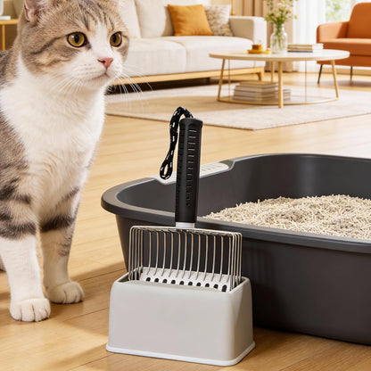 [2026 Version] 304 Stainless Steel Cat Litter Scooper with Holder, Efficient Metal Cat Litter Scoop，Heavy Cat Pooper Scooper, Kitty Litter Box Scooper-Perfect Cat Scooper for Litter Box Cleaning