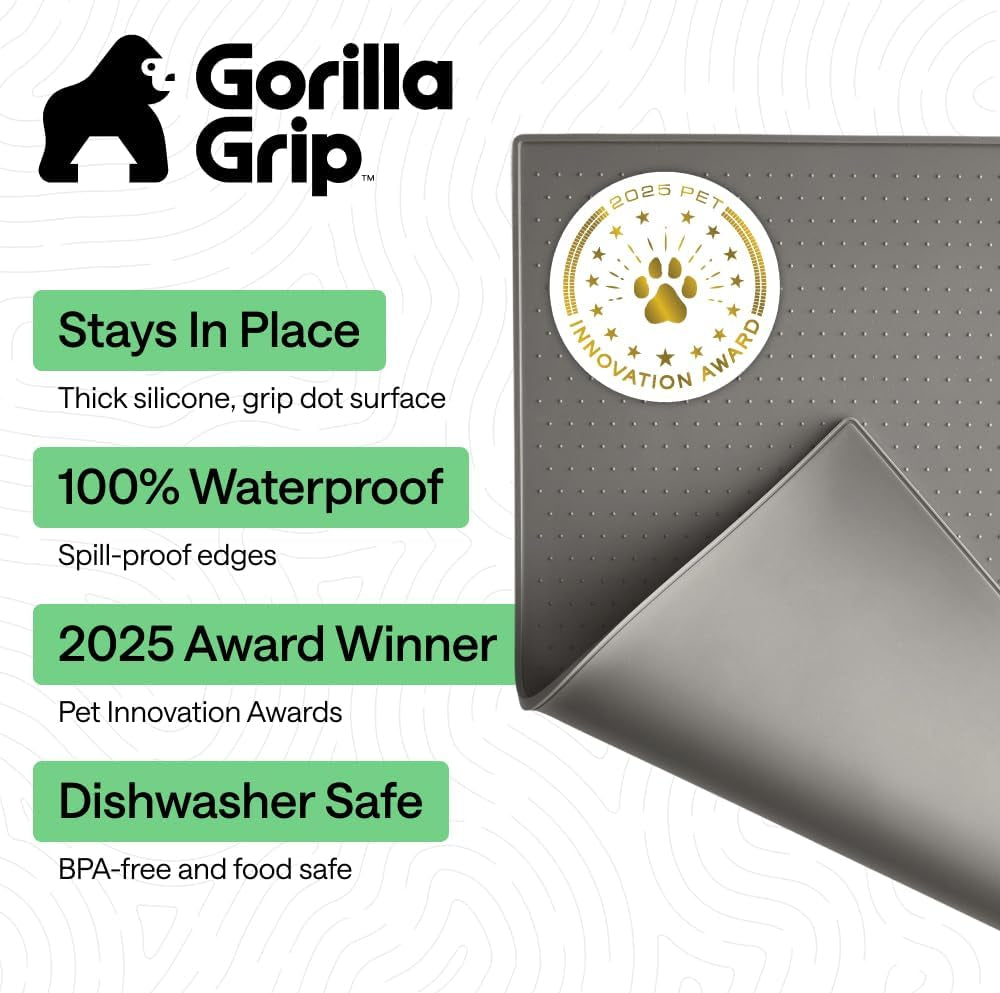 GORILLA GRIP Dog Food Mat, 100% Waterproof Silicone, 18.5X11.5 Gray
