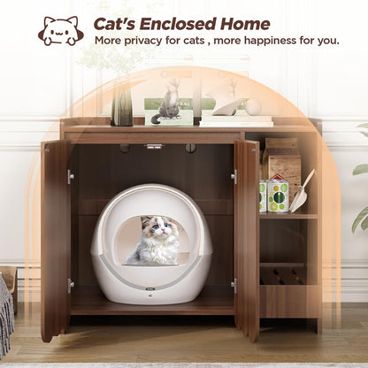 Large Litter Box Enclosure with Litter Collector, Hidden Litter Box Furniture for Automatic Litter Box, Cat Robot 3/4, Dog Proof Litter Box Cabinet, Side Table, Walnut