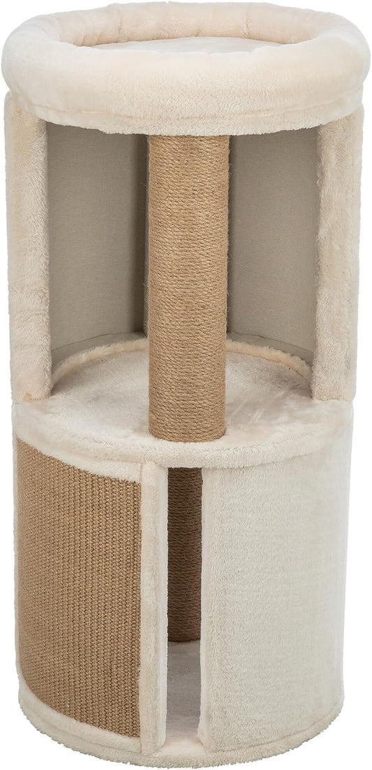 Giorgia Cat Tower, Combo Plush & Jute Covered Surfaces, Scratching Posts, Indoor Cat Condo with Padded Bed, Beige, 15.7" X 15.7" X 32.3"