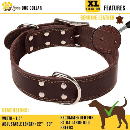 Heavy Duty Leather Dog Collar for Extra-Large Dogs, 22-30"