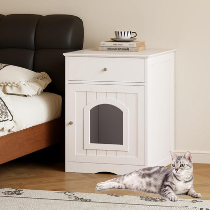 Litter Box Enclosure, Hidden Cat Litter Box Cabinet with Drawer, Wooden Pet Crate, Litter Box Furniture as Cat House, End Table, Fit Most of Litter Box (White)